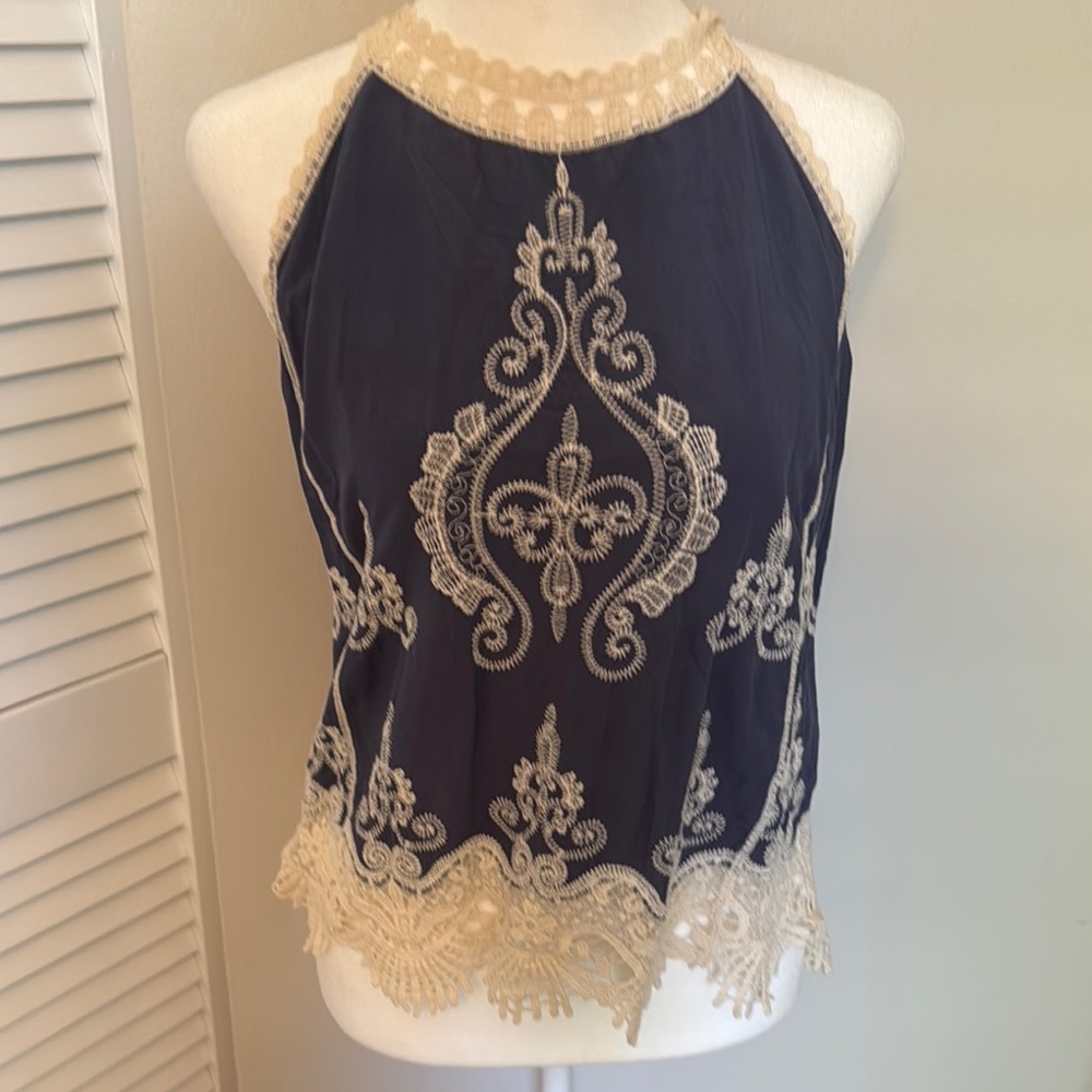 Elegant Blue and Cream Lace Top